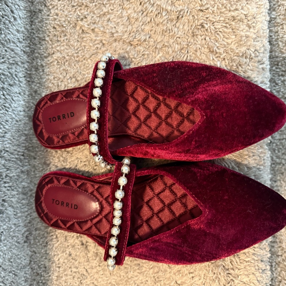 Torrid Burgundy Velvet Mules with Pearl Accents